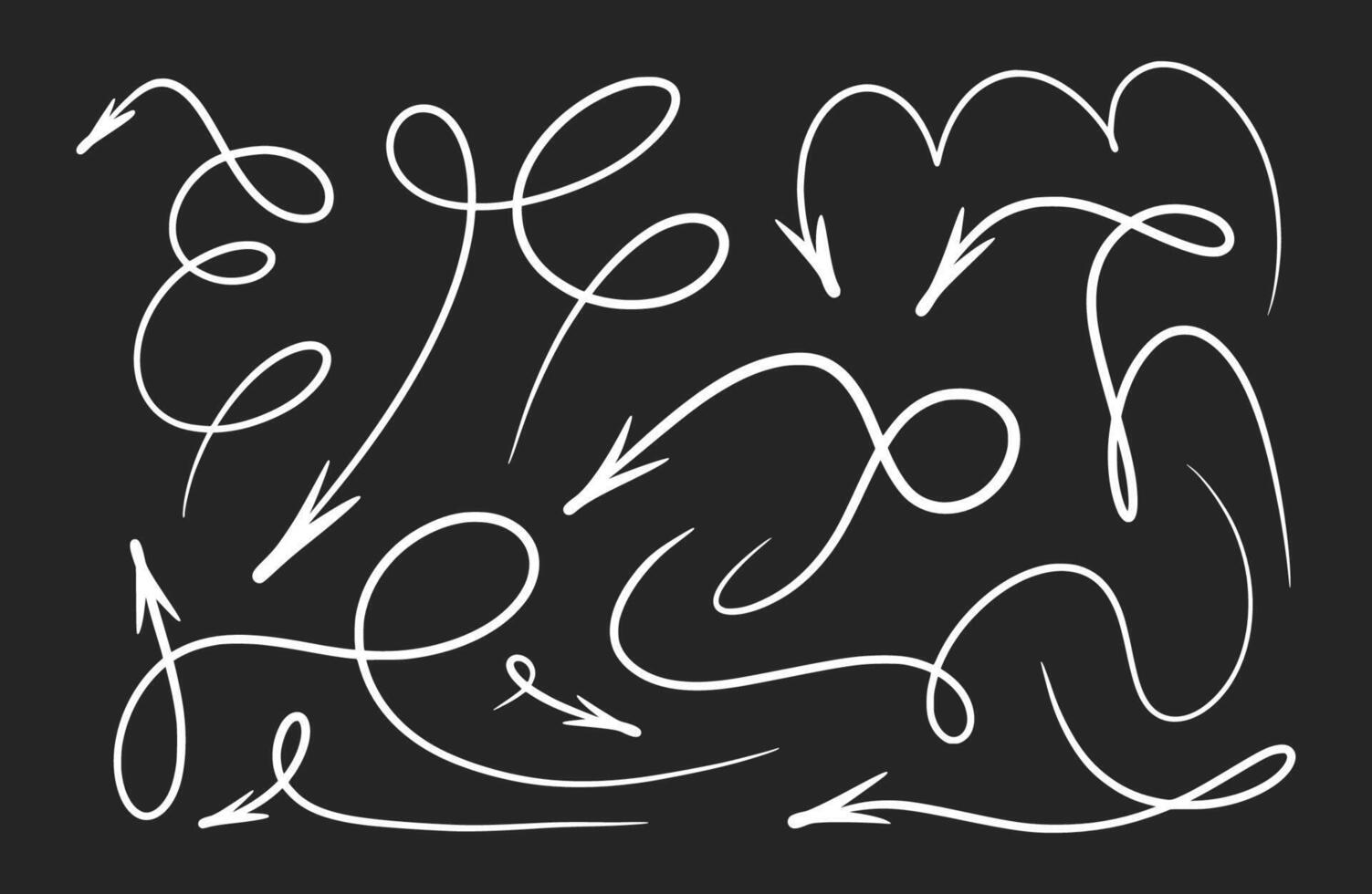 Squiggly arrow, bounce line, doodle design motion set, hand drawn playful lines on black background vector