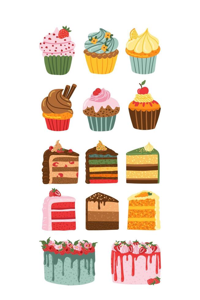 birthday cake slice, Raspberry Strawberry mousse cake, cupcake, creamy cake, muffin sticker collection vector
