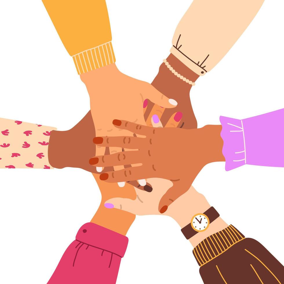 Hand of diverse people putting together. Cooperation, unity, partnership, agreement, teamwork vector