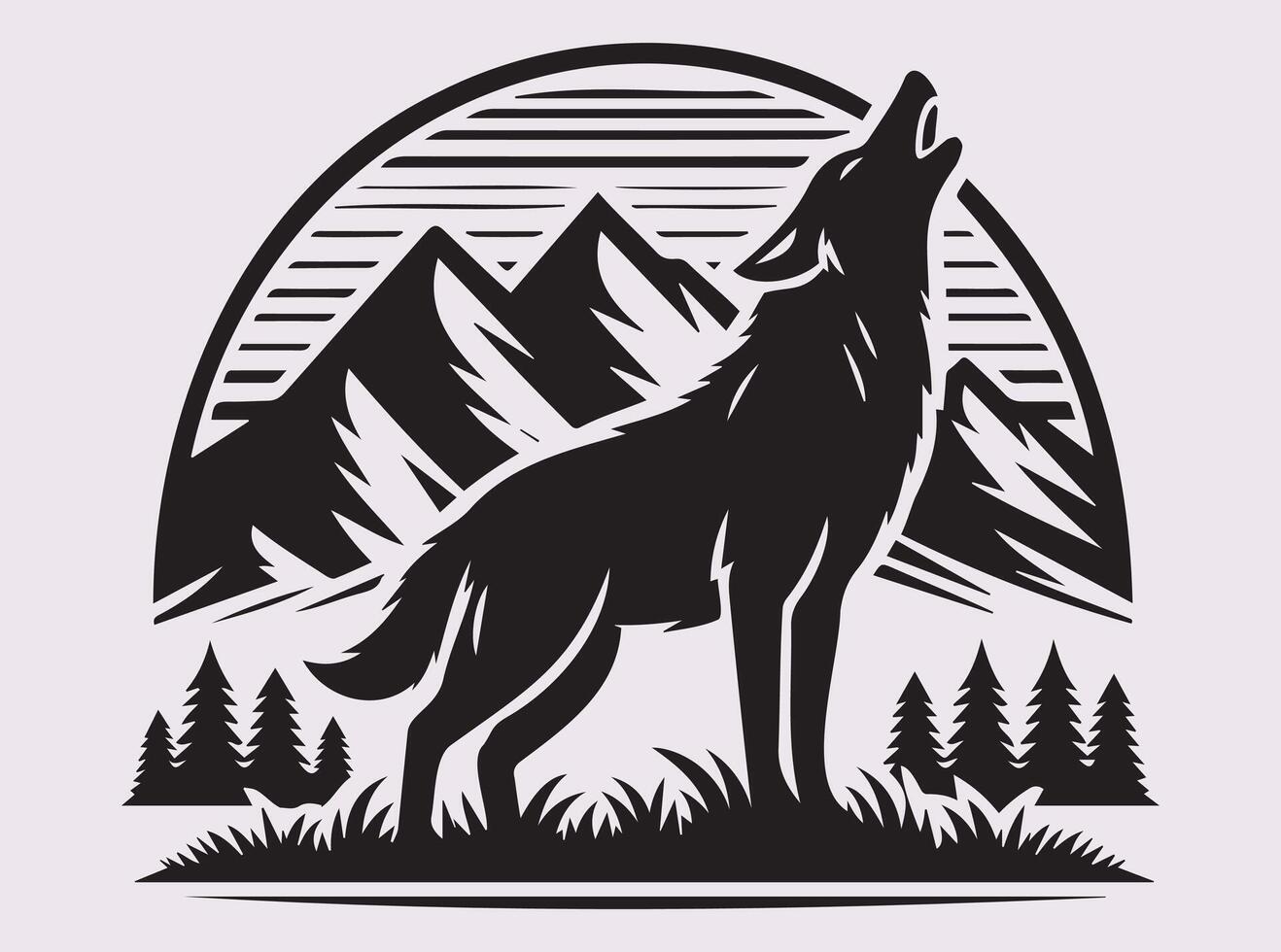 Majestic Black Wolf Howling Mountain Silhouette, Wilderness Scene vector