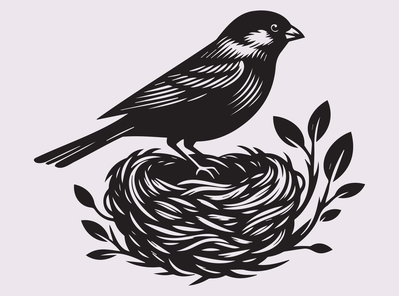 Sparrow Silhouette in Black, Minimalist Bird With Nest Illustration vector