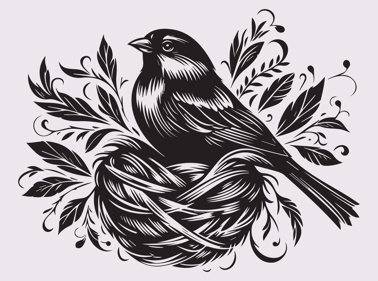 Black Sparrow Bird With Nest Silhouette, Small Bird Artwork vector