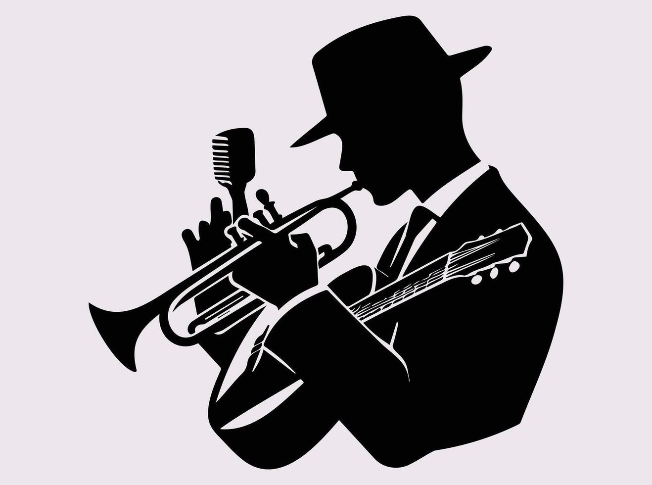 Jazz Musician Silhouette Playing Trumpet and Guitar in Classic Style with Microphone and Hat vector