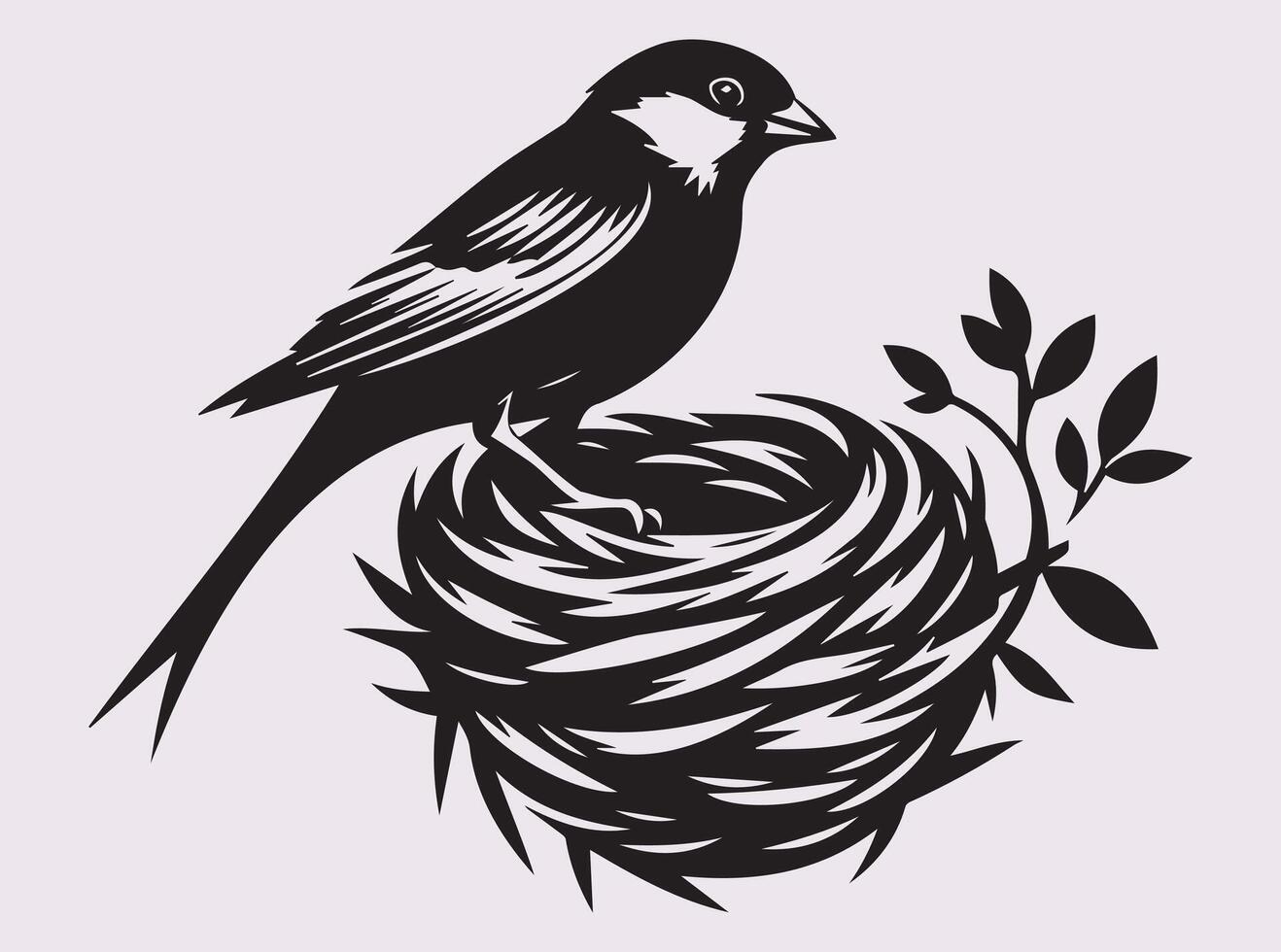 Artistic Black Sparrow with nest Silhouette, Small Bird Minimalist Art vector
