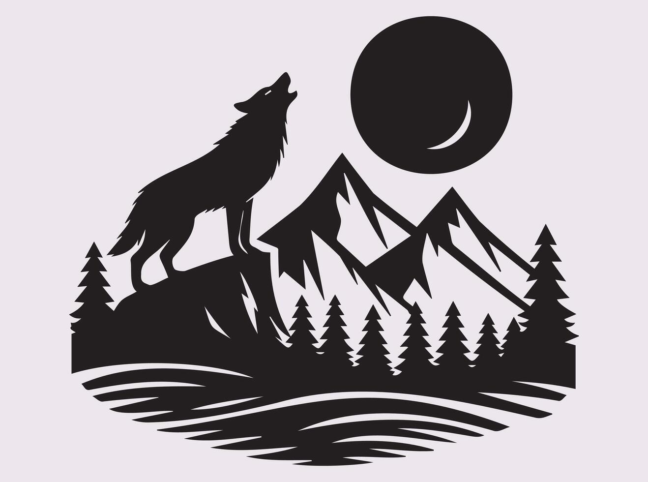 Howling Wolf on Mountain And Moon Silhouette, Strong and Majestic Design vector