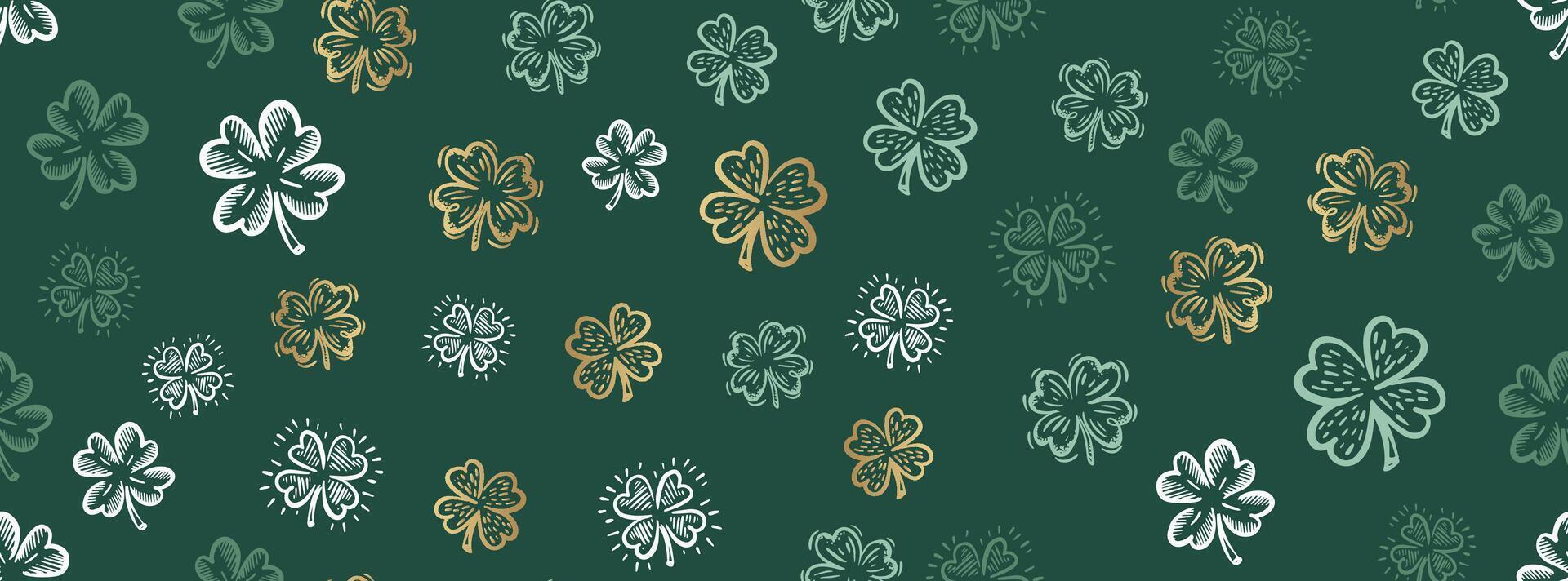Clover pattern on green, Patricks Day, hand drawn illustrations. vector