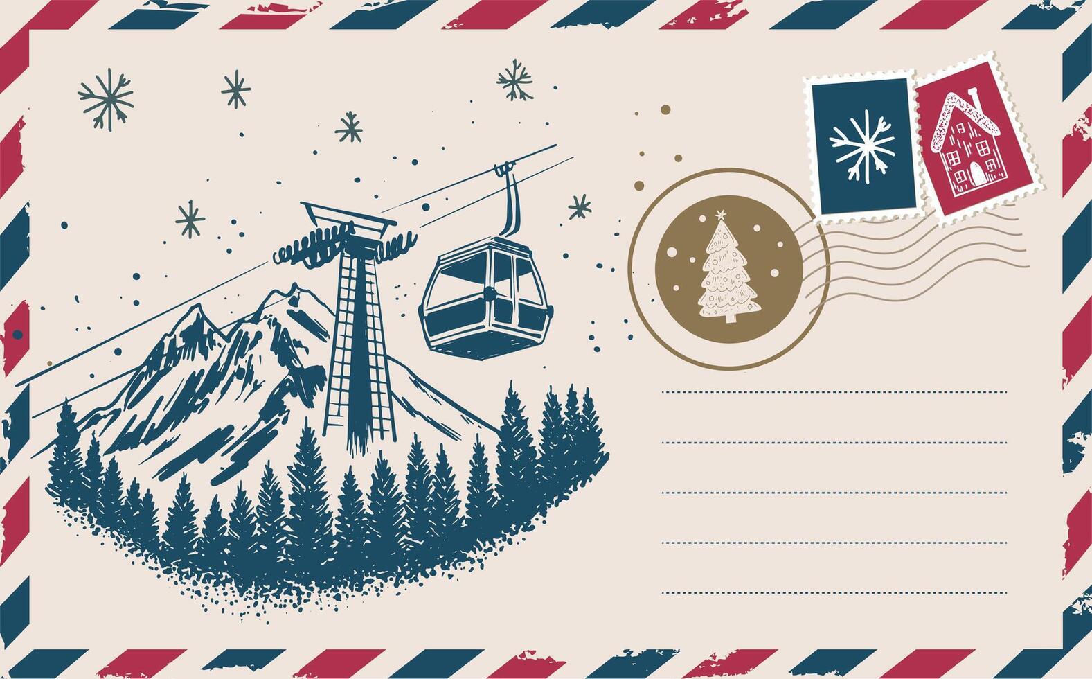 Postcard with mountains, hand drawn illustration vector