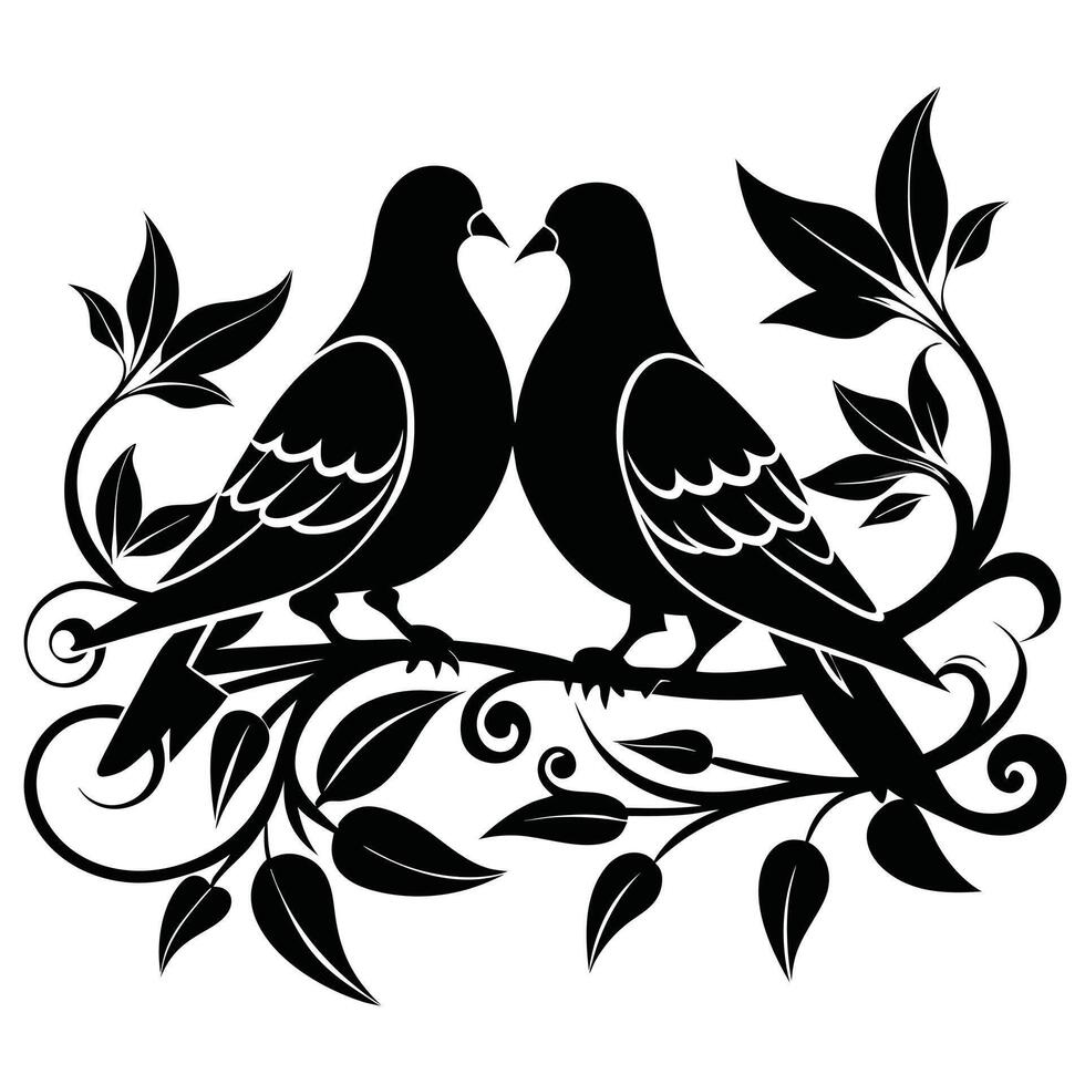 Black And White Silhouette Two Doves Perched Design. vector
