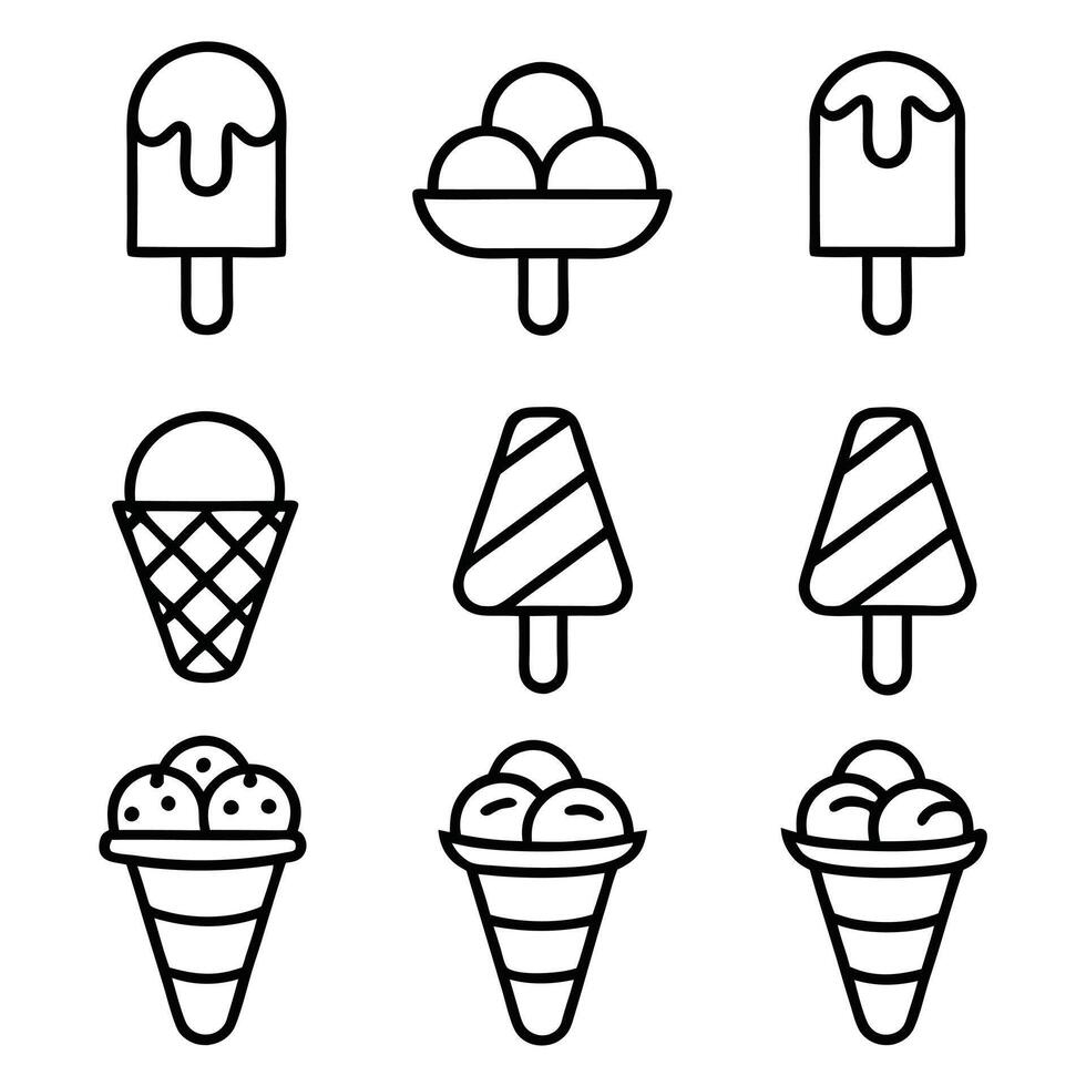 Ice Cream Desserts Elegant Black And White Line Art Style. vector