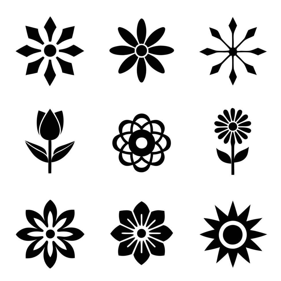 Minimalist Flower Icons in Black and White Silhouettes. vector