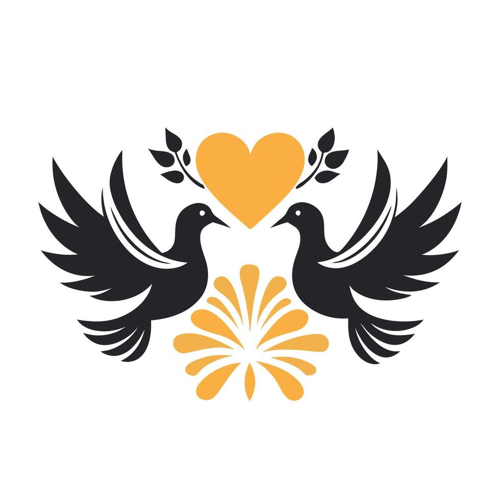 Symmetrical Silhouette Two Doves Heart Symbol Art. vector