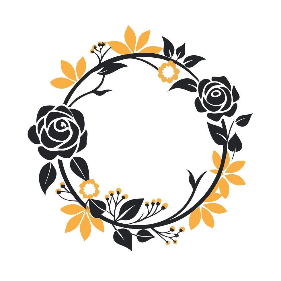Black and yellow silhouette of circular floral wreath. vector