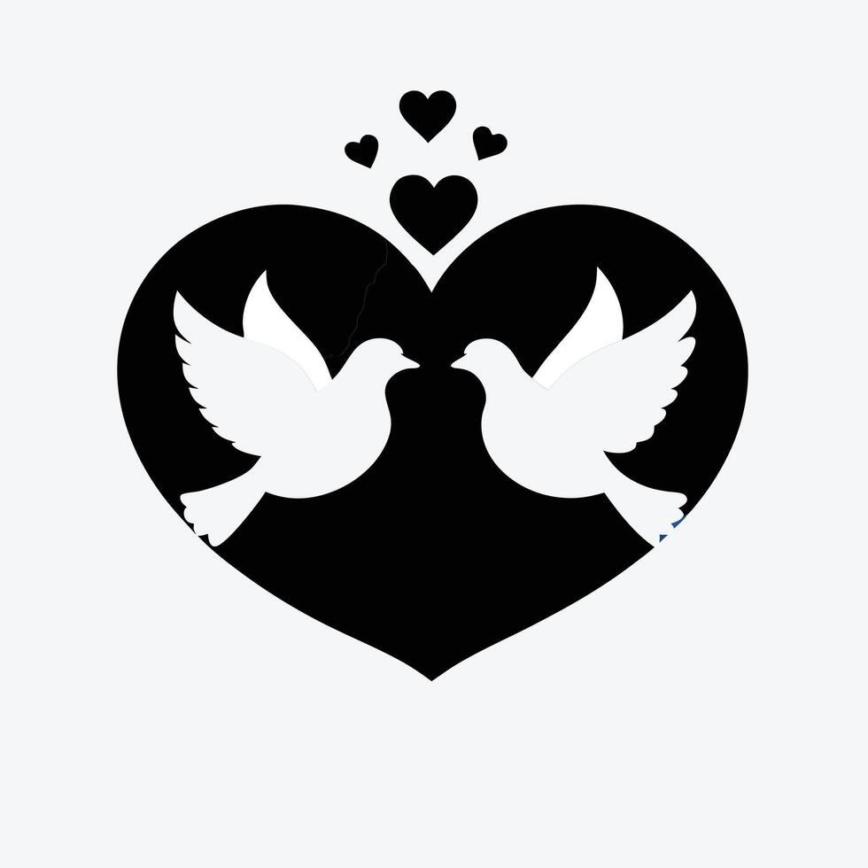 Silhouette Two Doves Heart Symbol Symmetrical Design. vector