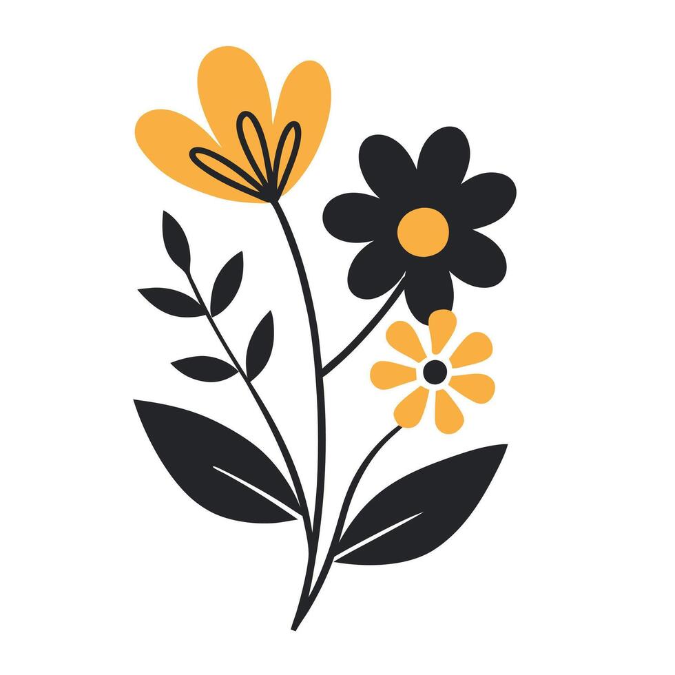 Minimalist Hand Drawn Floral Elements in Black and yellow. vector