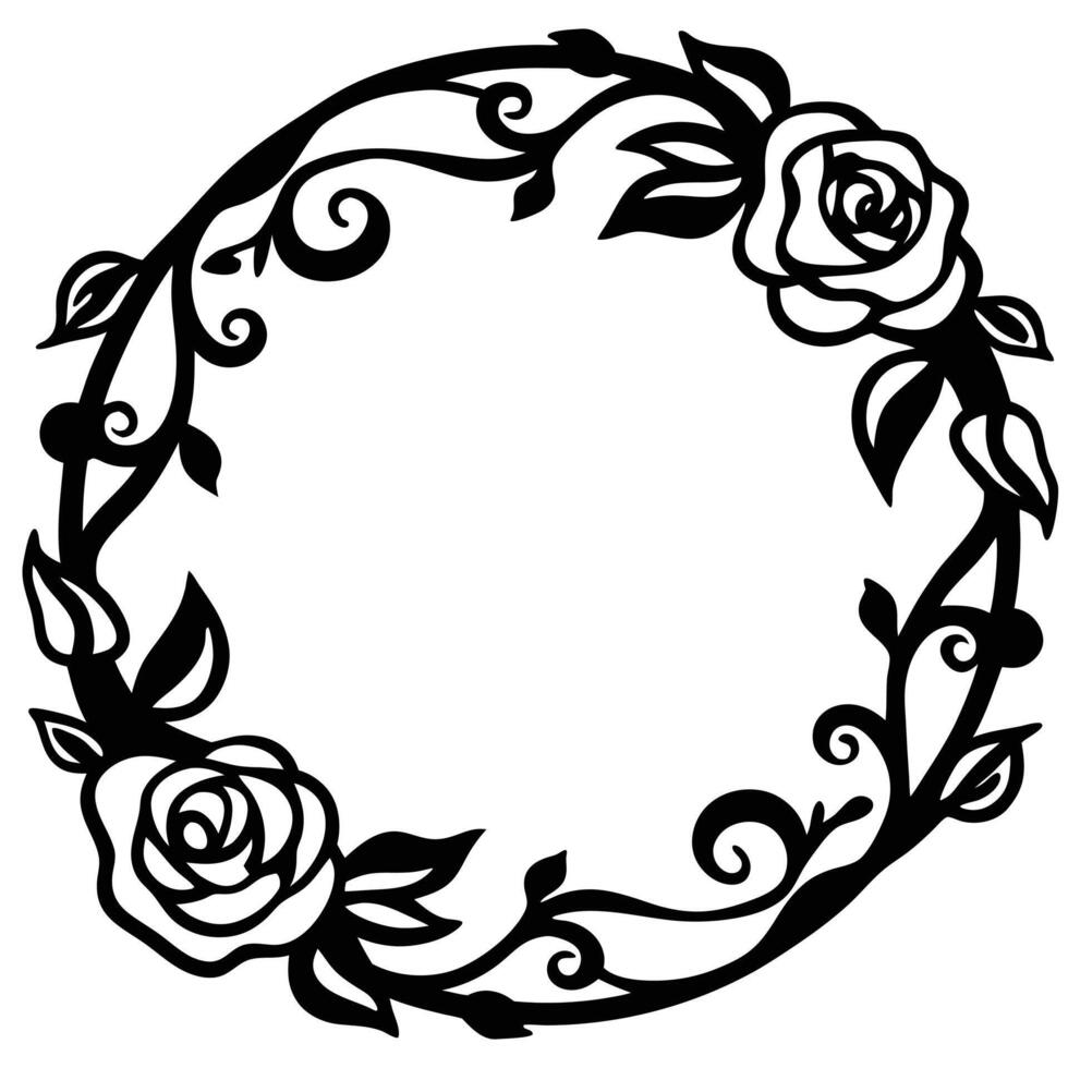 Elegant Black And White Circular Floral Wreath Art. vector