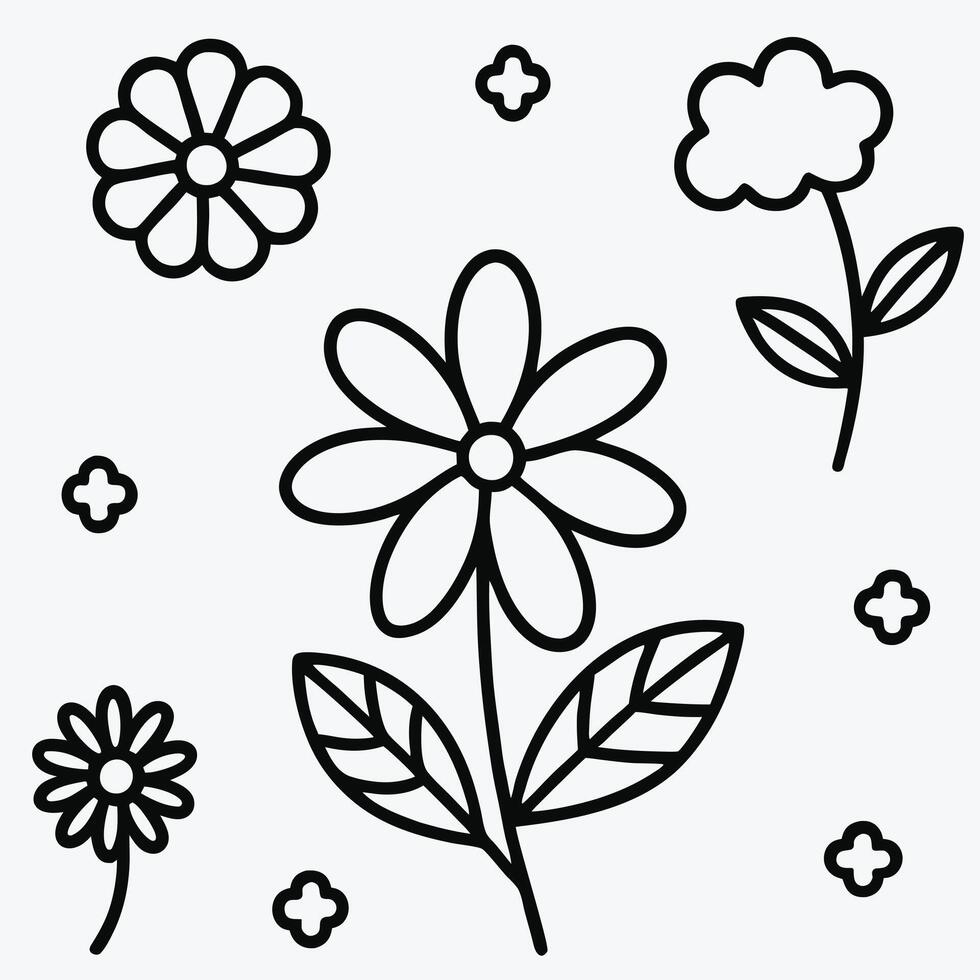 Minimal Hand Drawn Floral Elements in Black and White. vector
