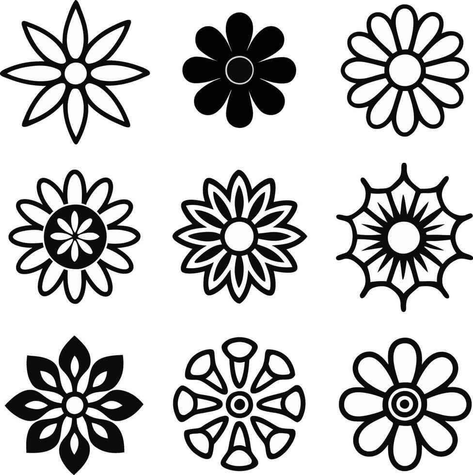 Simple Black Floral Silhouettes Modern Geometric Flower Pattern. vector