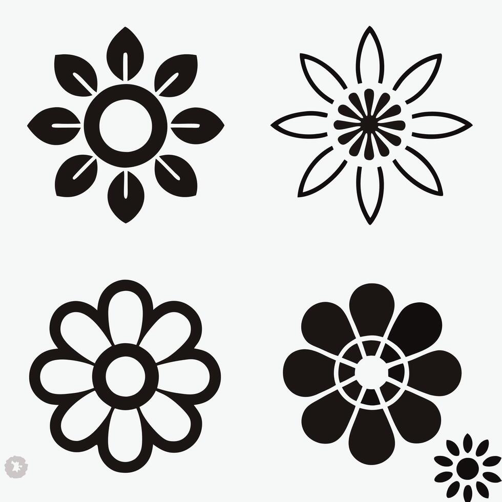 Simple Flower Icons Black And White Line Drawings Design. vector