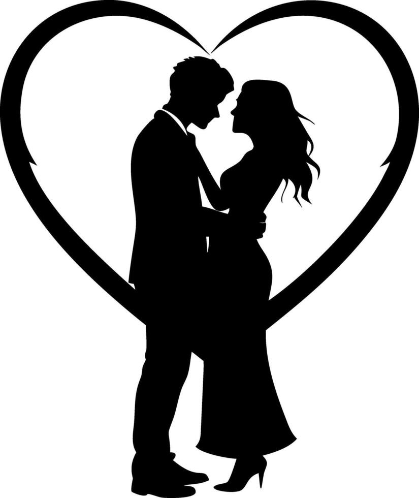 Romantic Couple Silhouette Embracing Inside Heart Shape Art for Wedding and Valentine Design vector