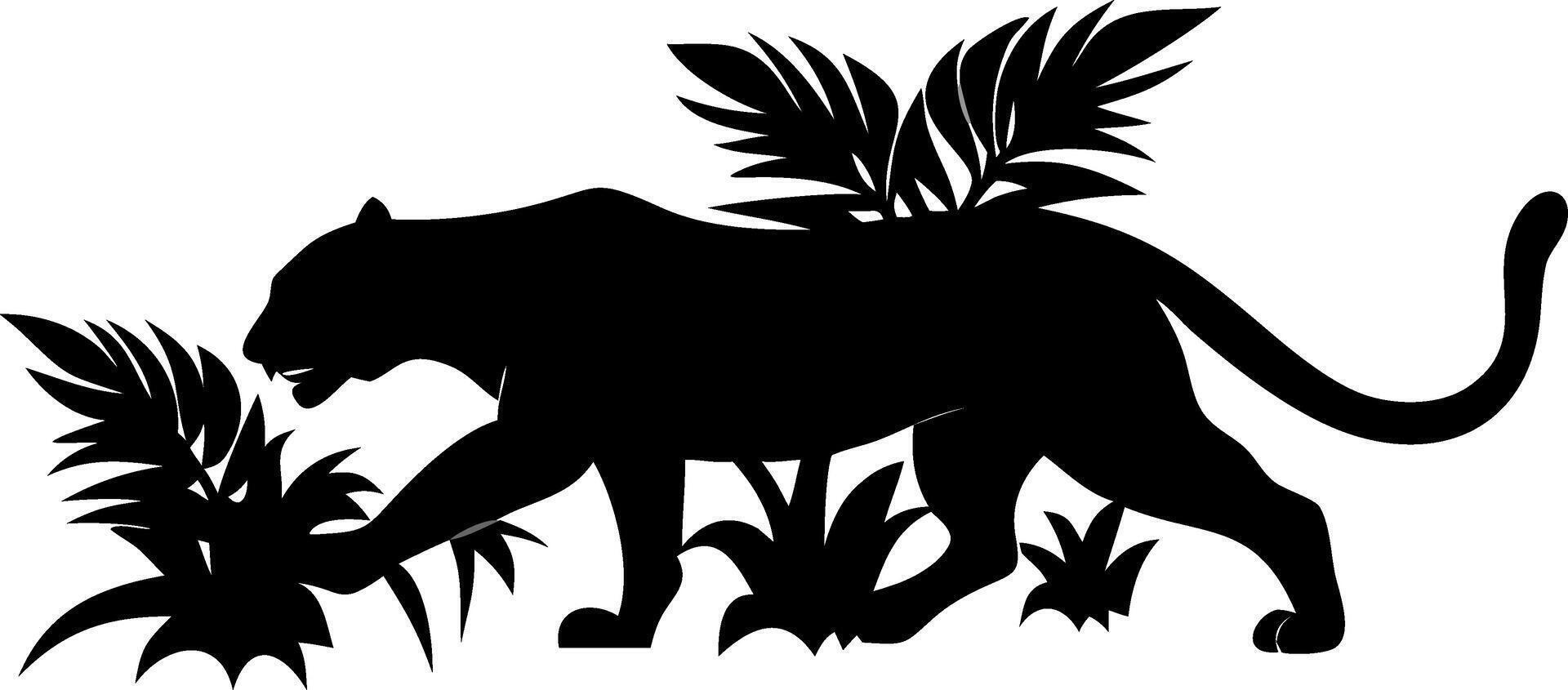 Panther Silhouette in Jungle with Exotic Plants Illustration vector