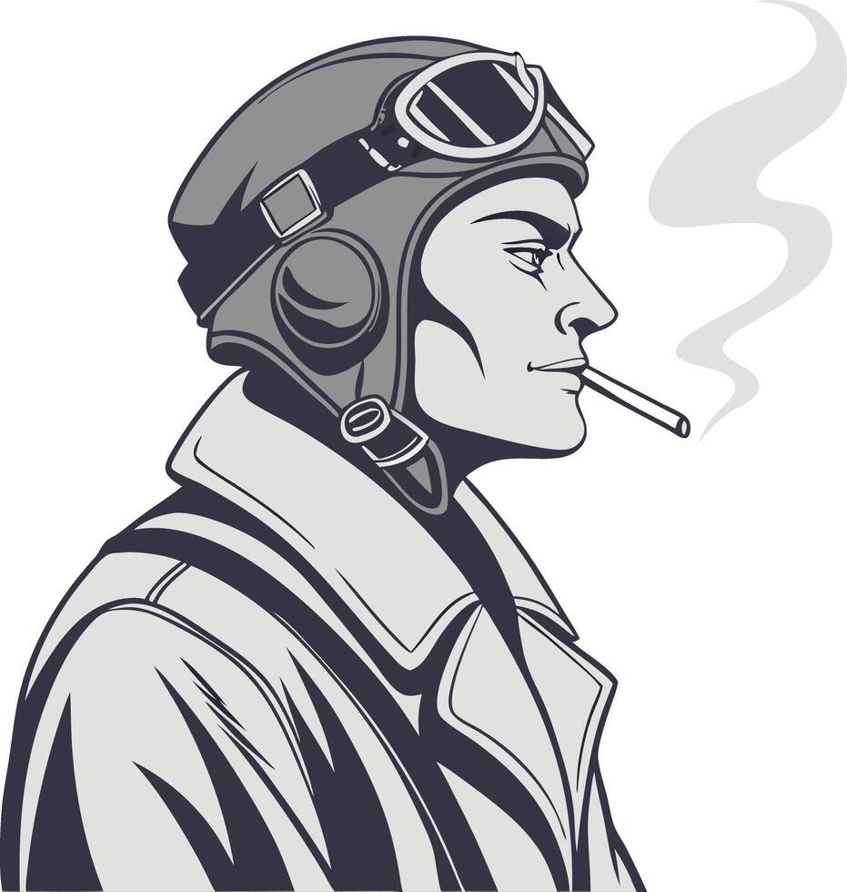 Vintage Aviator Side Profile Illustration with Goggles and Cigarette for Retro Design vector