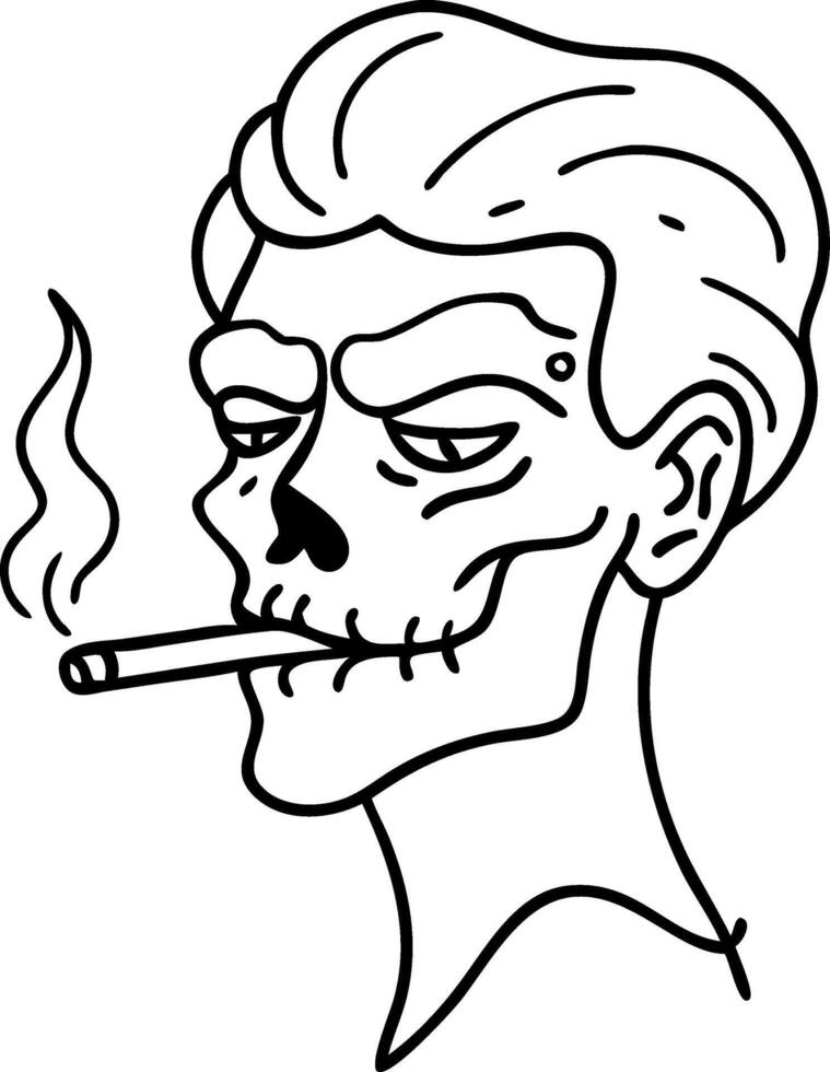 Skull Smoking Illustration for Tattoo Design or Coloring Book Art vector