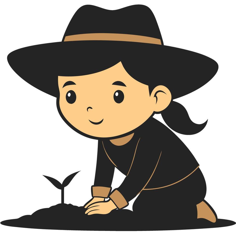 Cute Child Planting Seedling Cartoon Illustration for Gardening Education and Coloring vector