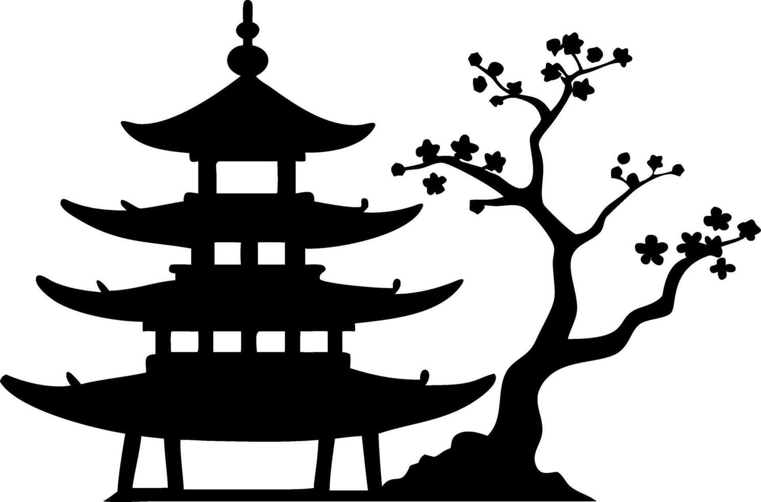 Japanese Pagoda Silhouette with Cherry Blossom Tree for Art and Design Projects vector