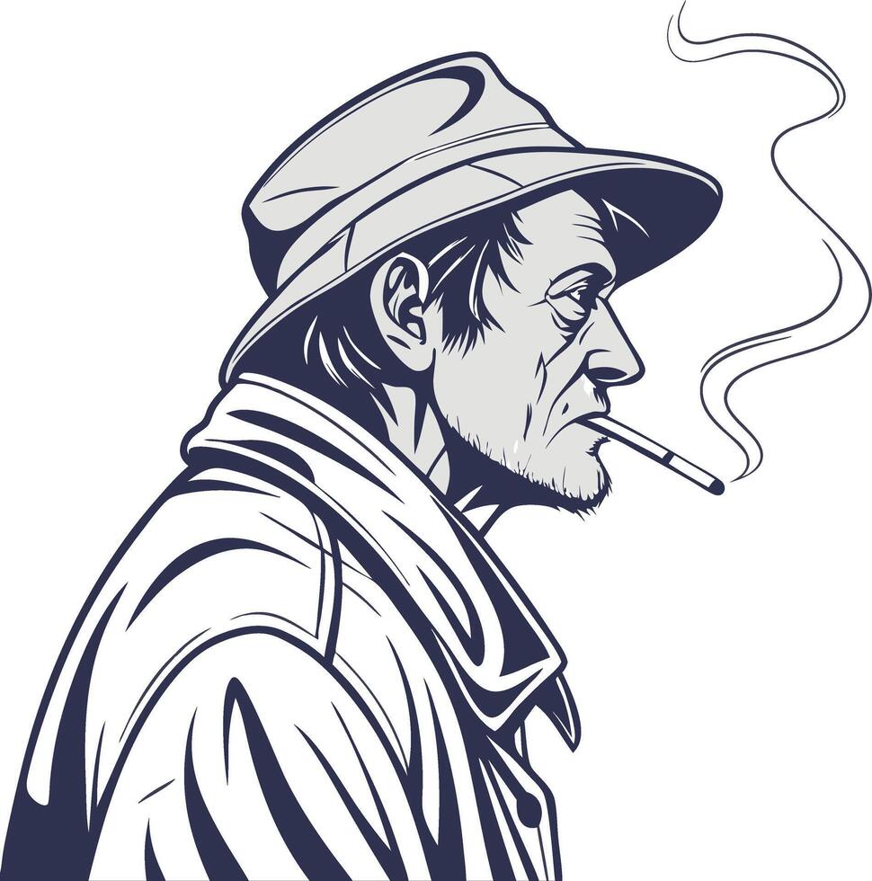 Elderly Man Smoking Wearing Hat and Coat Illustration for Design and Print vector