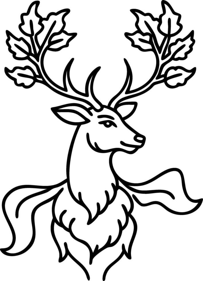 Majestic Deer Head with Leafy Antlers Outline Design vector