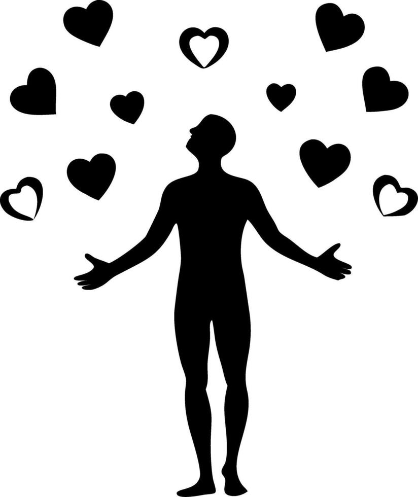 Silhouette of Person Surrounded by Heart Shapes Symbolizing Love and Connection vector