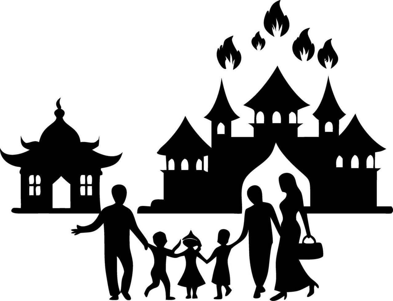 Family Walking Silhouette by Burning Castle and Traditional Temple vector