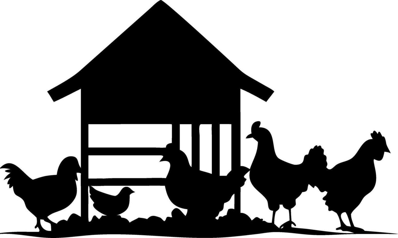 Silhouette of Farm Chickens and Coop Illustration for Rural Design Projects vector