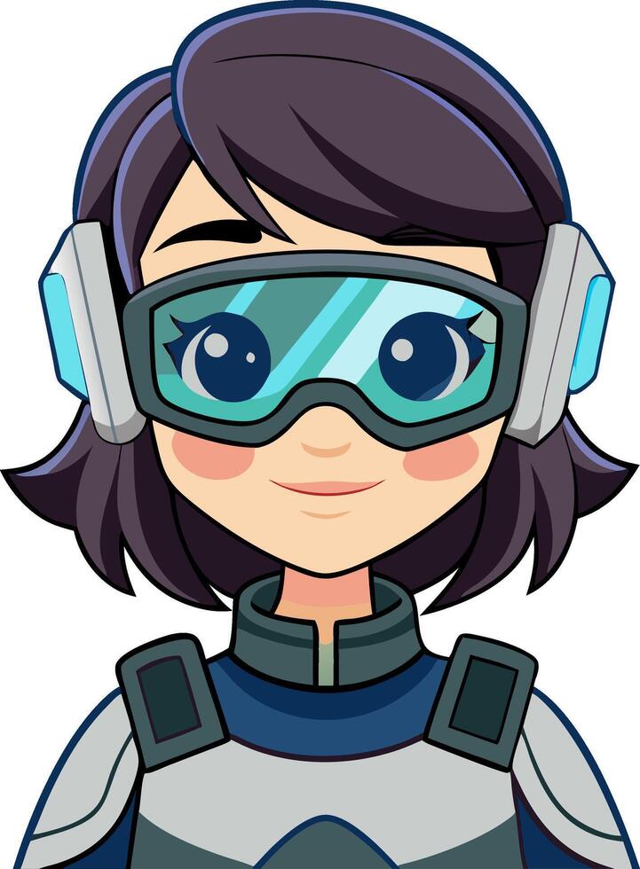 Cartoon Girl in Futuristic Helmet with Goggles Avatar for Gaming and Animation Projects vector