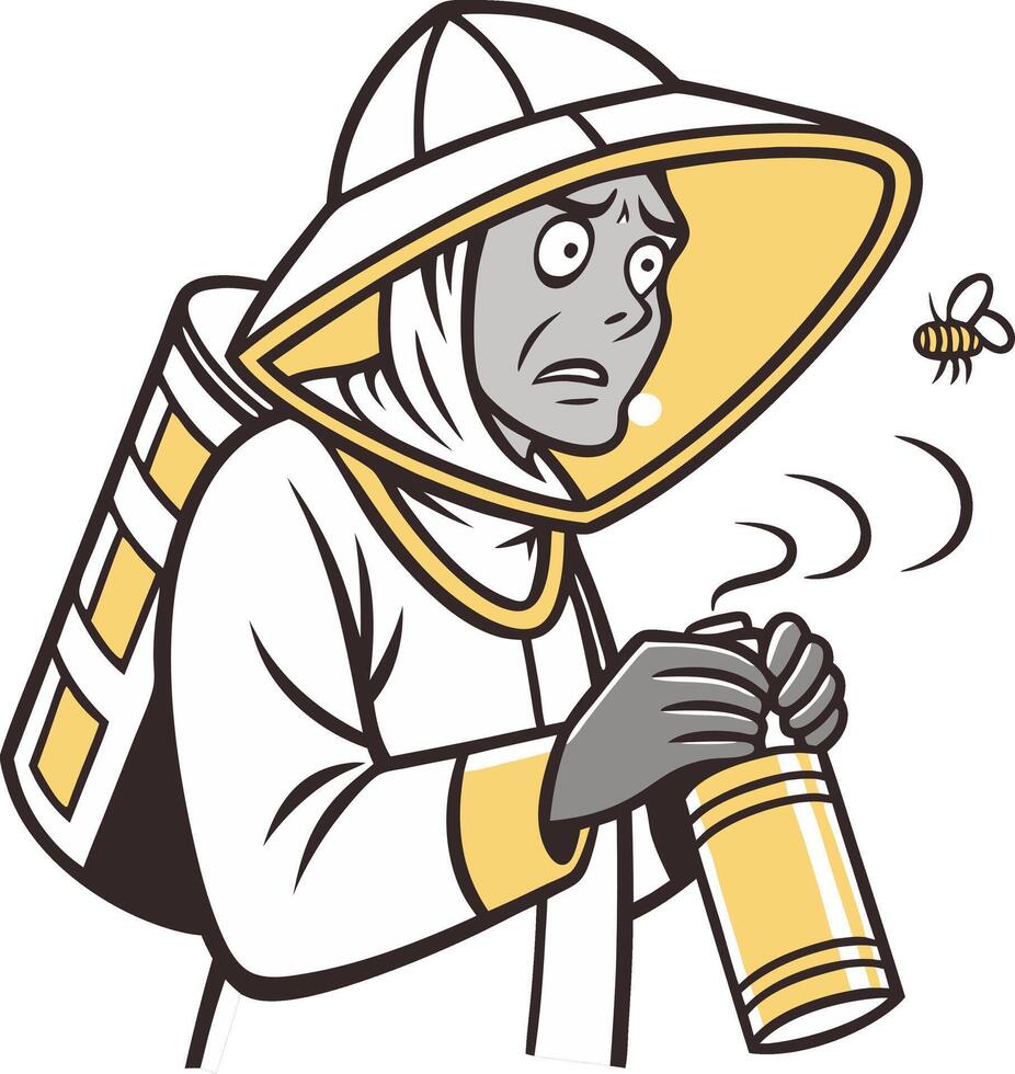 Beekeeper Wearing Protective Suit Nervously Handling Bee Spray Illustration vector