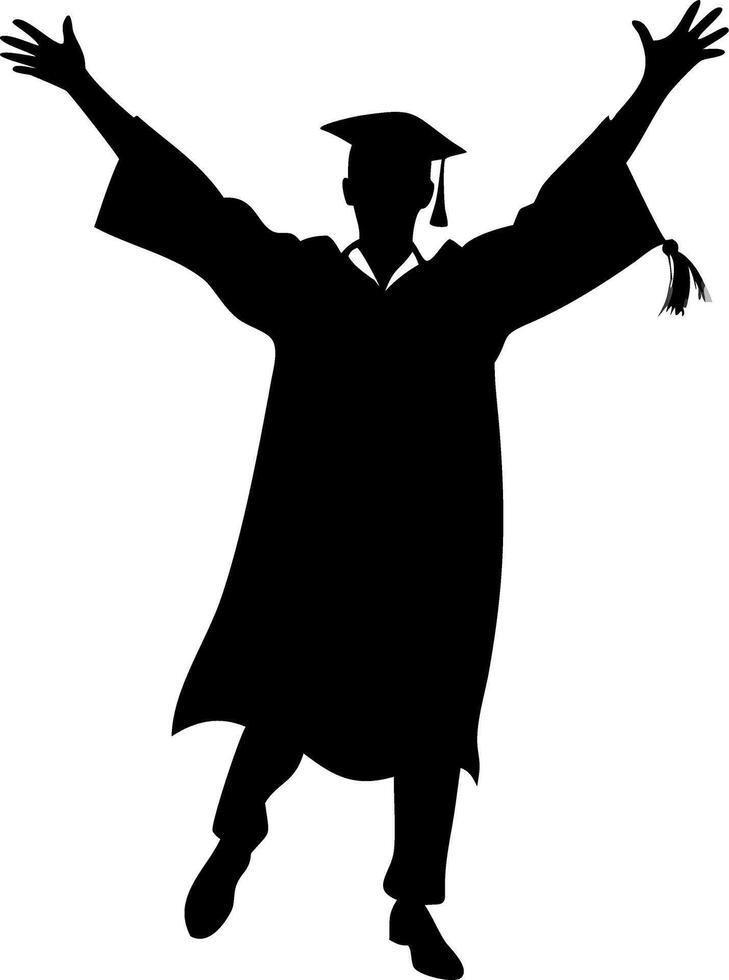 Celebratory Graduate Silhouette in Cap and Gown Jumping for Achievement and Success vector