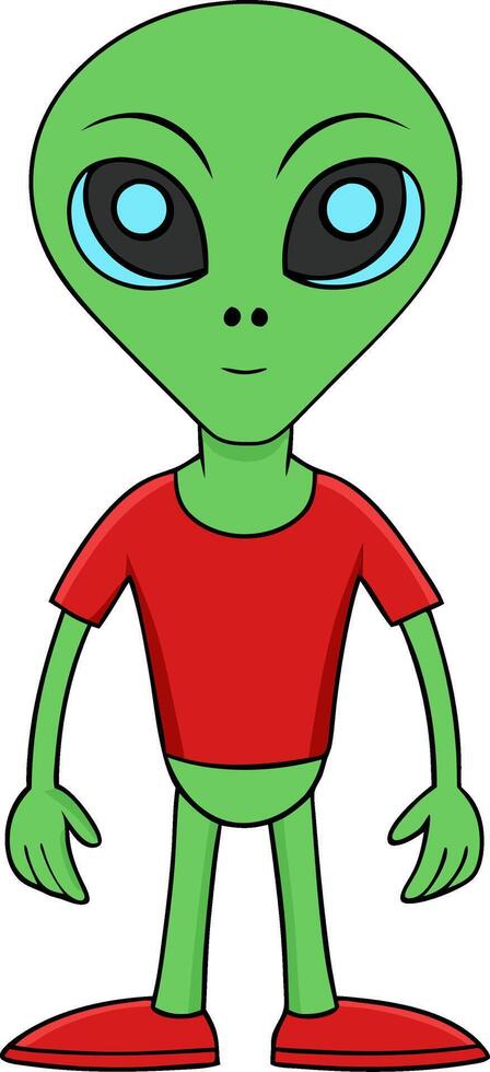 Cute Green Alien Cartoon Character in Red Outfit for Kids and Illustrations vector