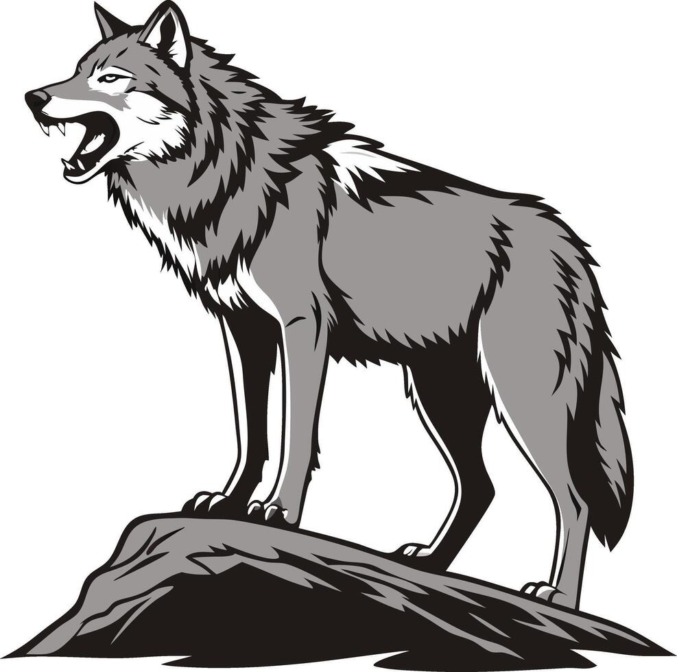 Roaring Wolf on Rock Illustration for Tattoo and Art Design vector