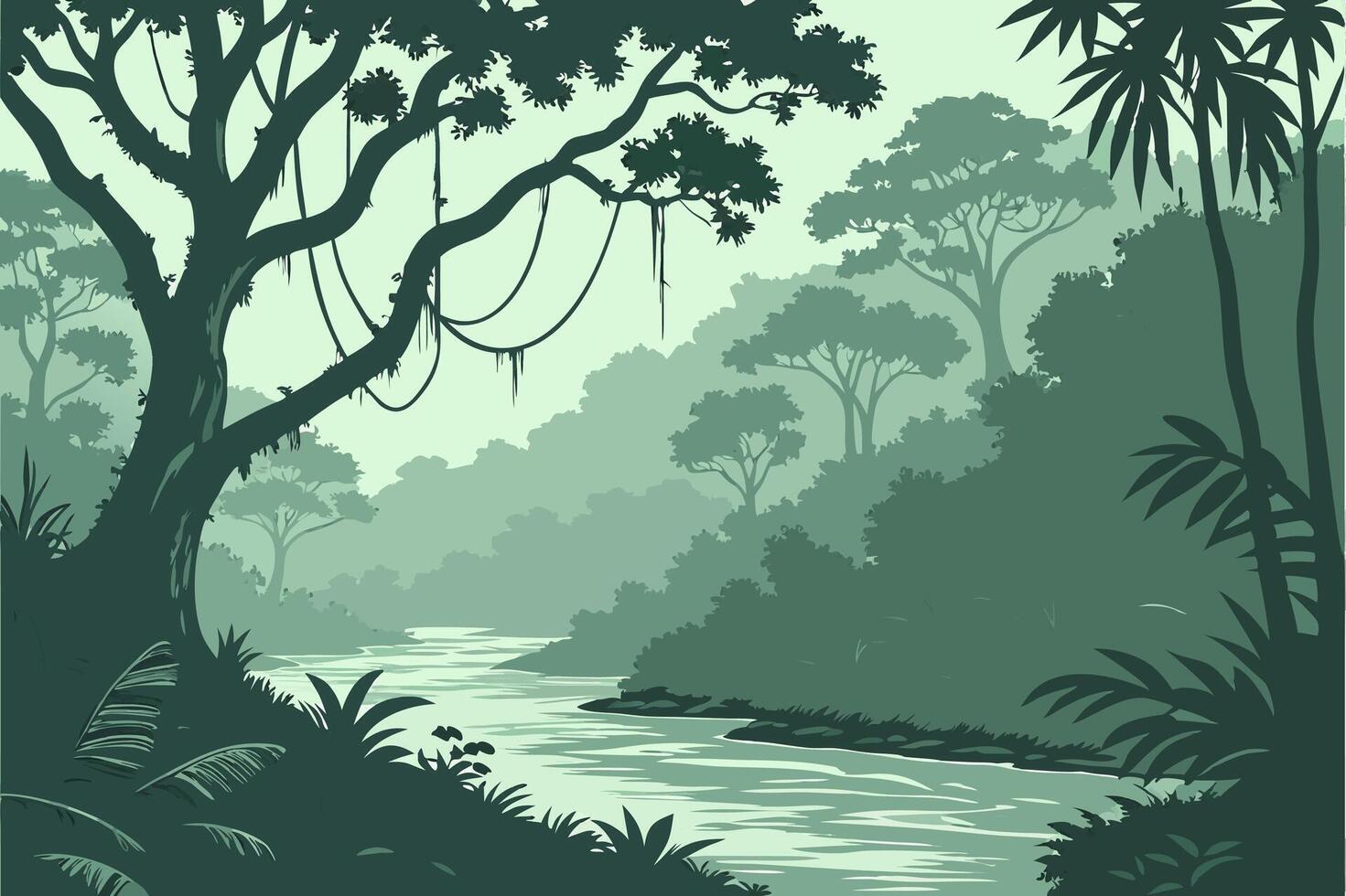 Dense Jungle River Landscape Art for Nature Illustrations vector