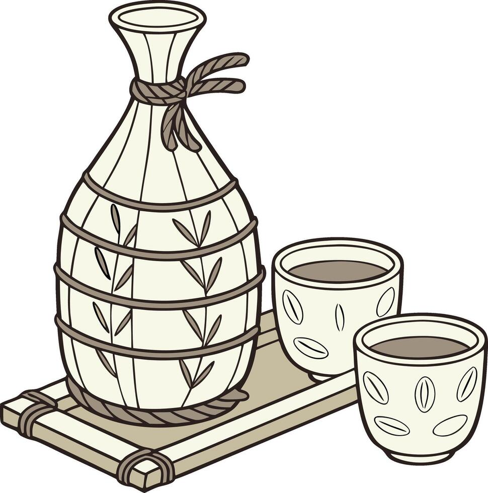 Traditional Japanese Sake Set Illustration with Bottle and Cups for Asian Cuisine Decor vector