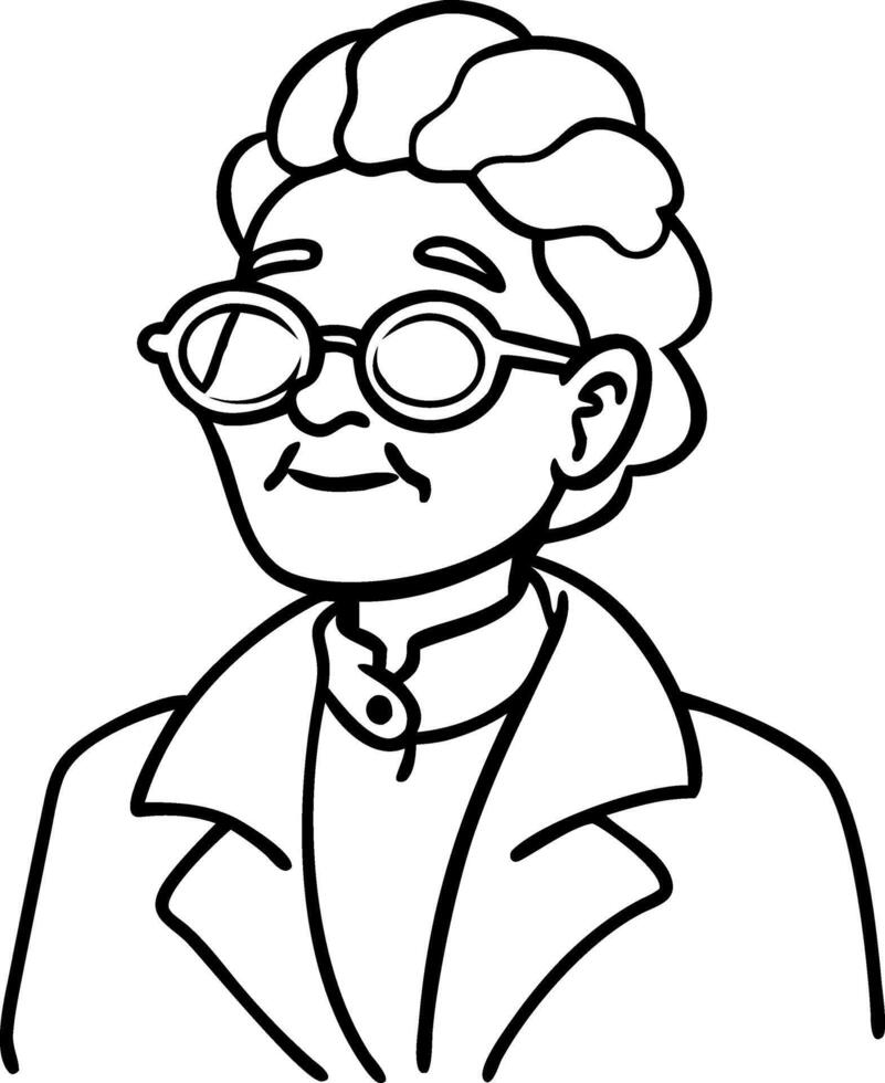 Elderly Woman in Glasses Line Art Portrait for Coloring Books and Illustrations vector