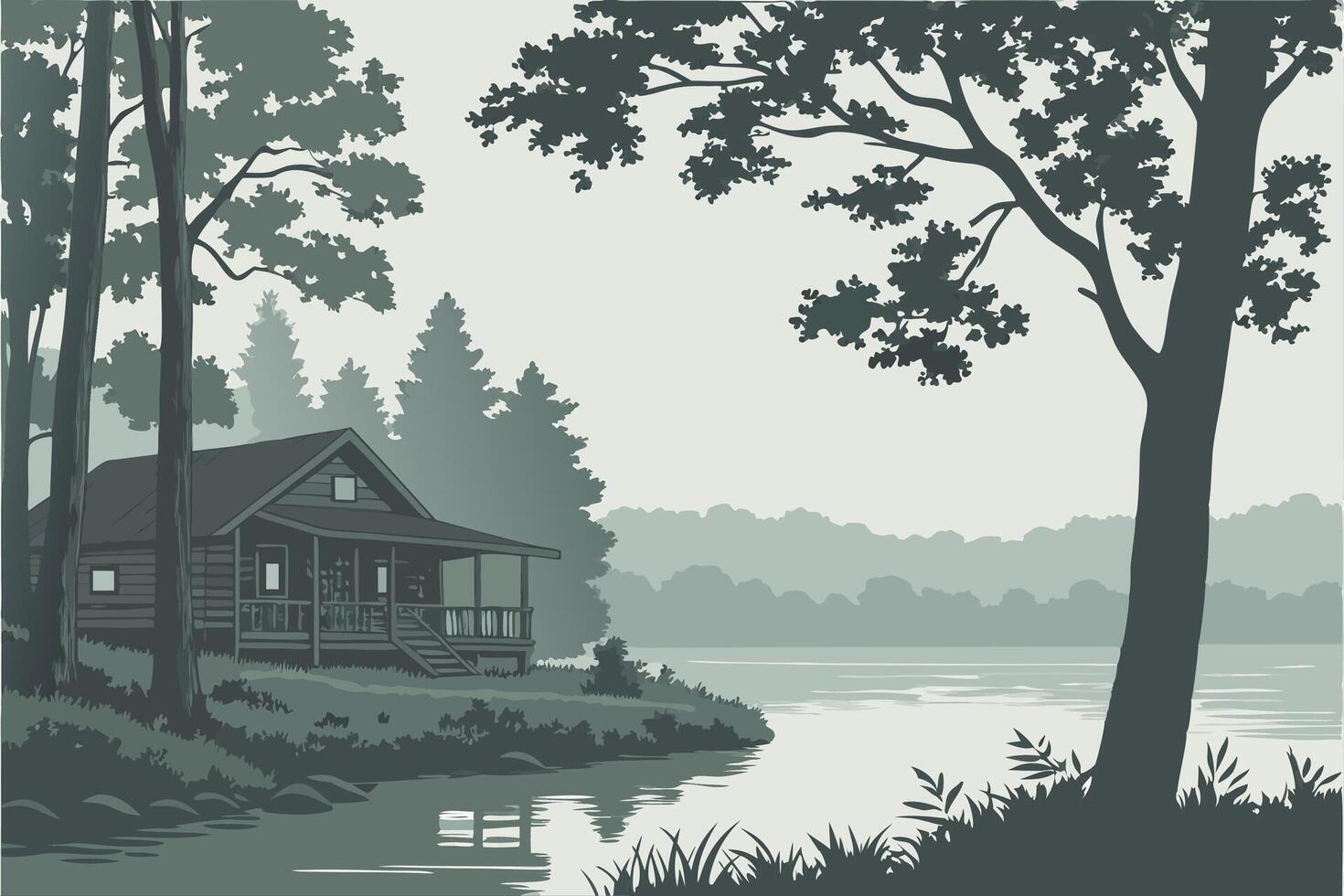 Rustic Forest Cabin by Tranquil Lake Illustration for Nature Designs vector