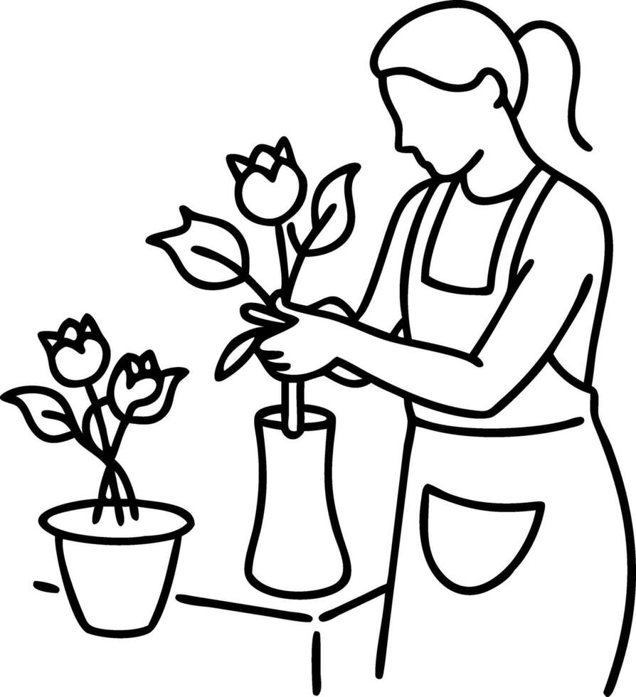 Woman Arranging Flowers in Vase Illustration for Floral Design and Craft Projects vector
