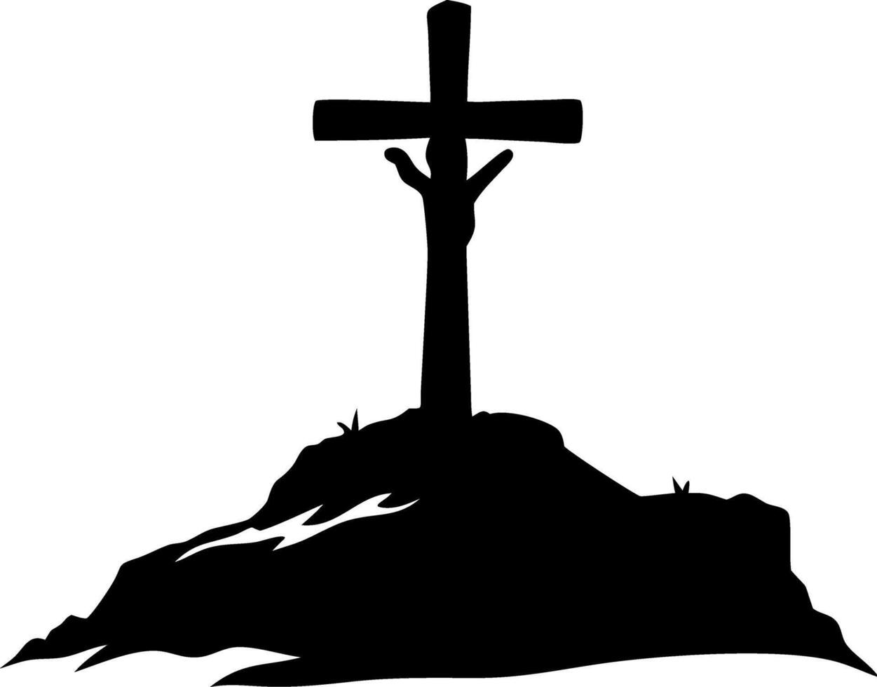 Silhouette Cross on Hill Religious Symbol Art for Spiritual Designs vector