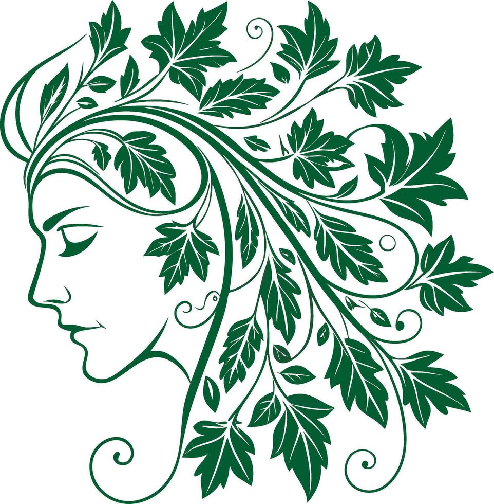 Nature Goddess Profile with Leafy Hair Illustration for Art and Design vector
