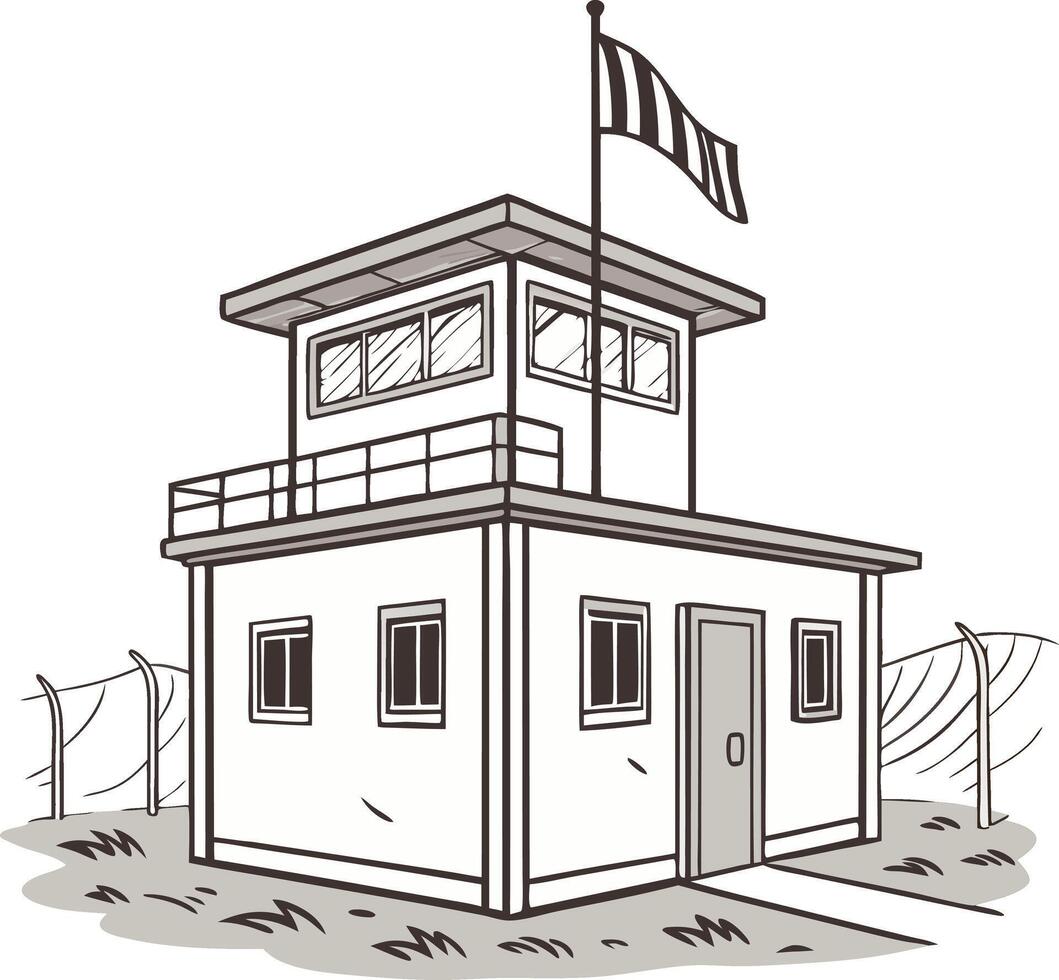 Guard Tower Illustration with Flag and Barbed Wire Usage and Symbolism vector