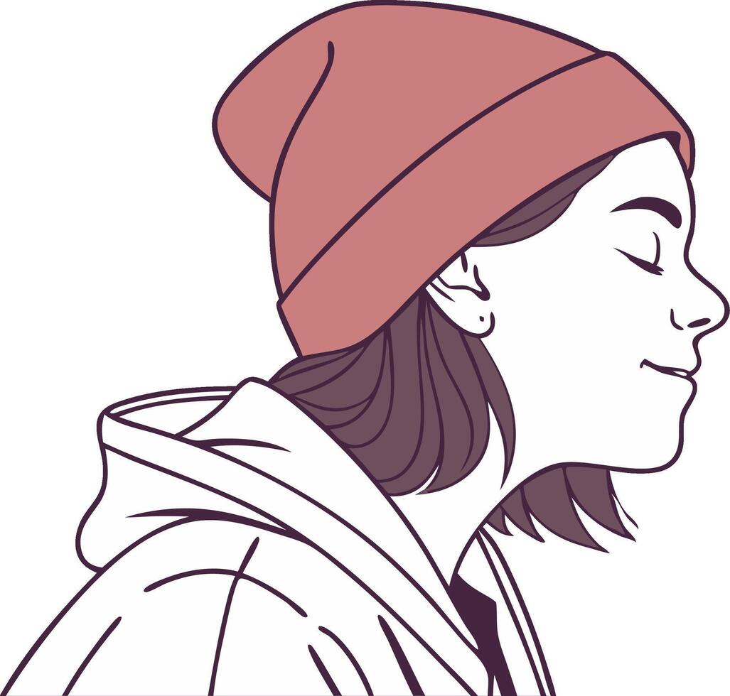 Peaceful Young Woman in Hoodie and Beanie Side View Illustration vector