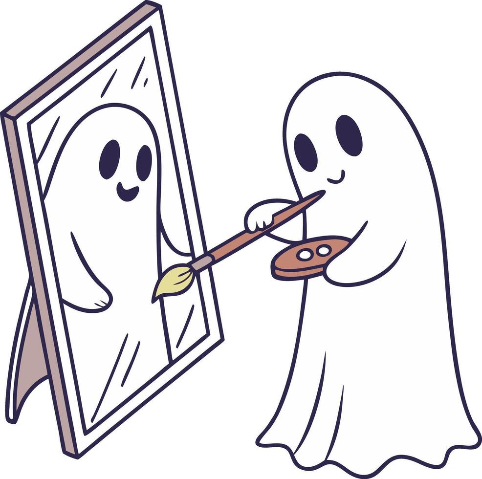Cute Ghost Painting Self Portrait in Mirror Illustration for Halloween Decor vector