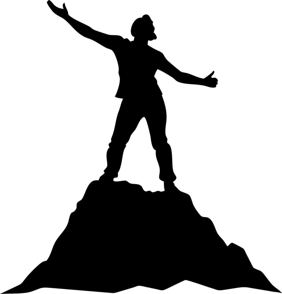 Silhouette of Victorious Man Standing on Mountain Peak Celebrating Success vector