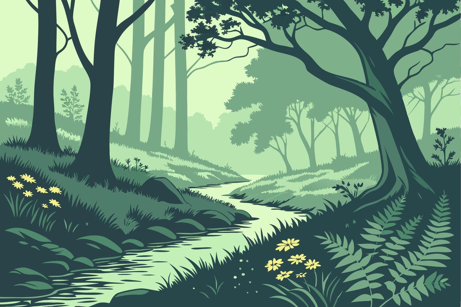 Serene Woodland Stream in Lush Forest Illustration for Nature Design vector